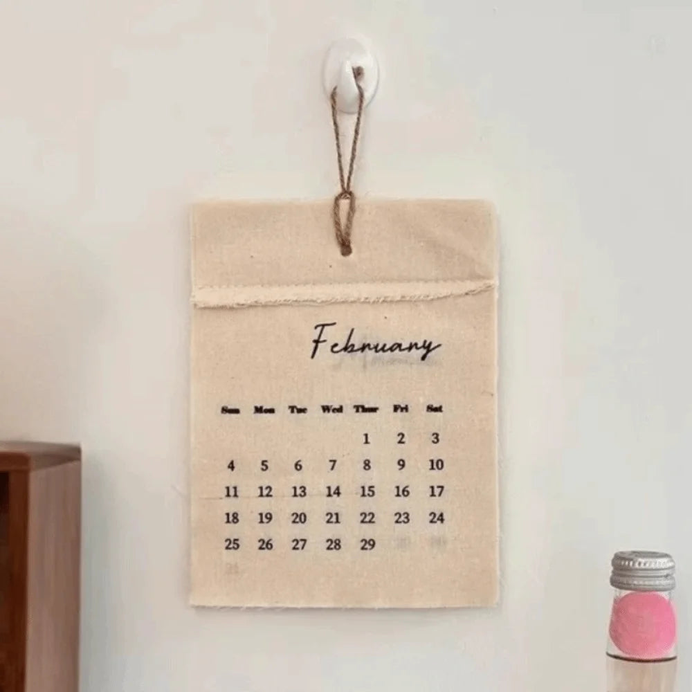 calendrier mural tissu beige clair rustique minimaliste clip magnétique ficelle décembre 2026 opaque