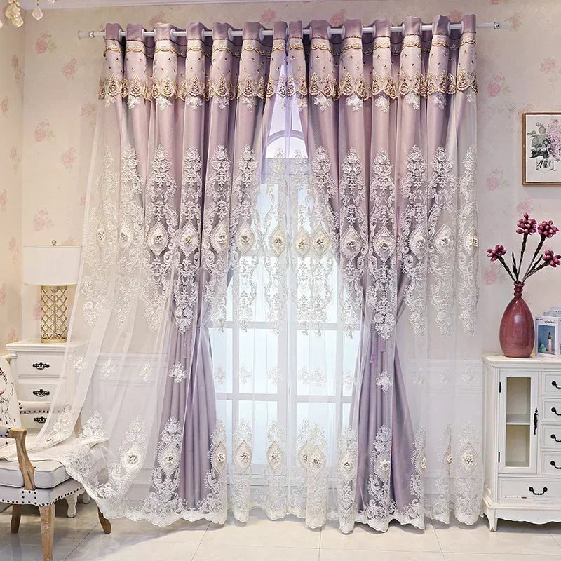 Rideau double couche salon blanc brodé pour décoration intérieure