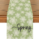 nappe runner floral printemps pâquerettes calligraphie couleurs vives décoration table saisonnelle bleu rose vert
