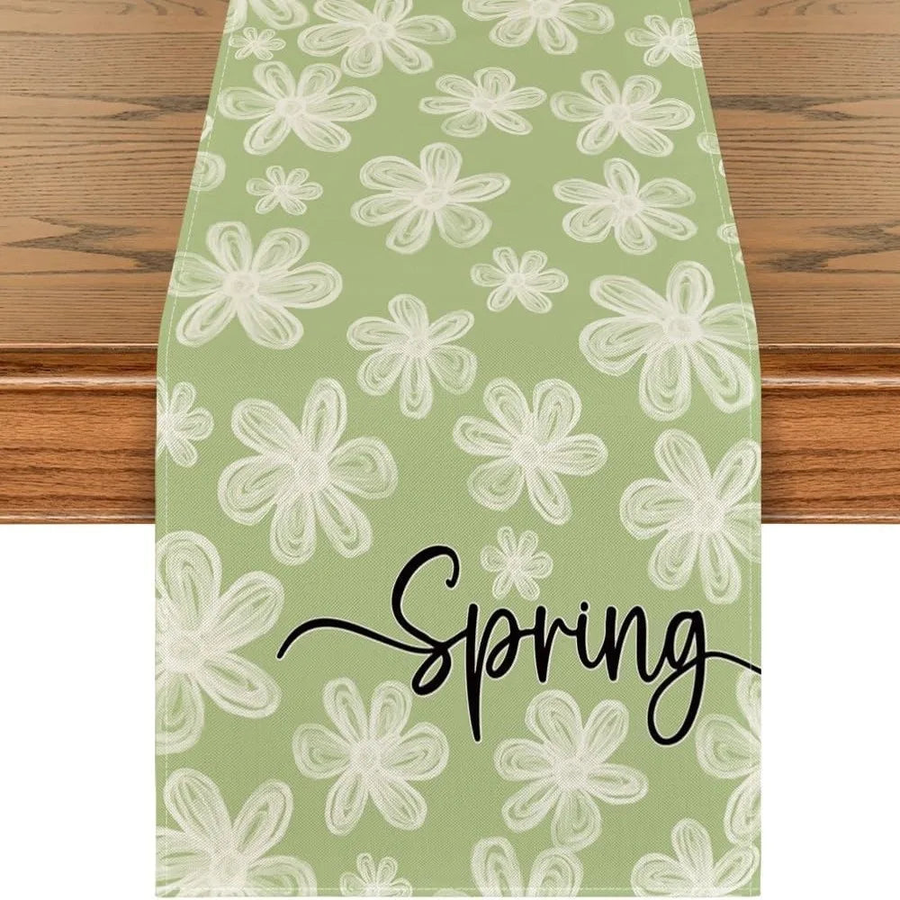 nappe runner floral printemps pâquerettes calligraphie couleurs vives décoration table saisonnelle bleu rose vert