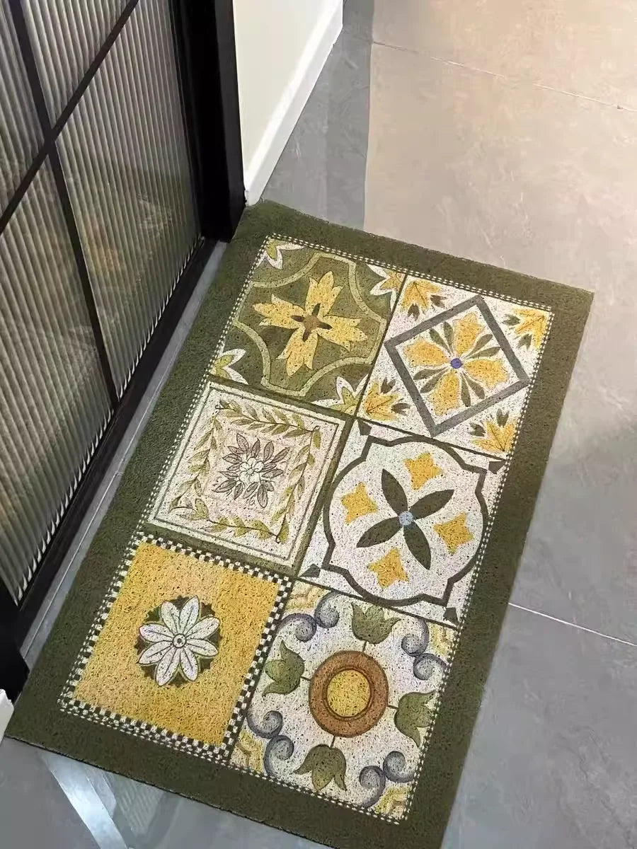 tapis extérieur antidérapant imperméable résistant bactéries motifs floraux couleurs classiques vert olive blanc