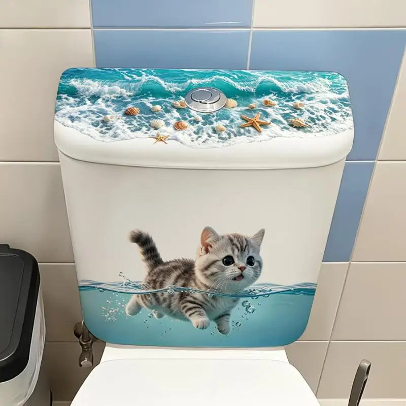 sticker decoratif chat nageur bleu blanc couvercle toilette adhésif amovible maison humoristique