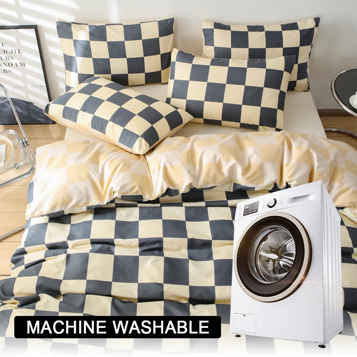 ensemble literie moderne gris beige carreaux polyester machine lavable 150x200cm taies d'oreiller