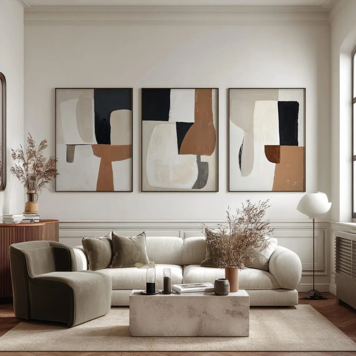 affiches abstraites modernes toile beige marron sans cadre ensemble trois impressions minimalistes