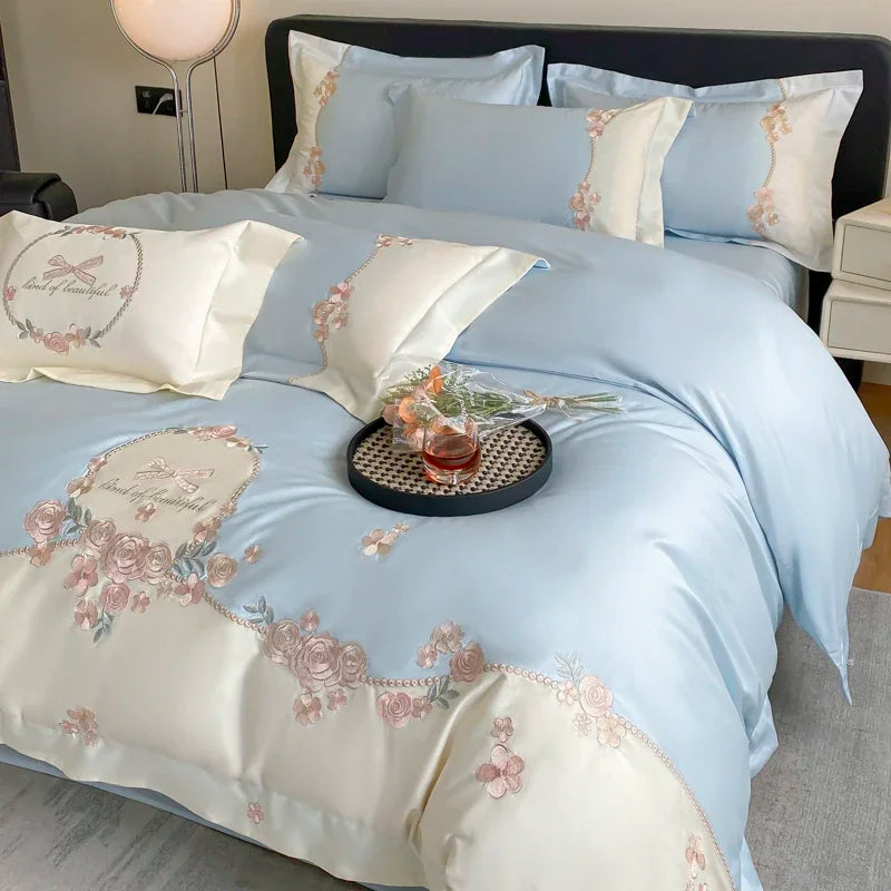ensemble literie rose clair broderies florales 100 coton satiné élégant full queen king