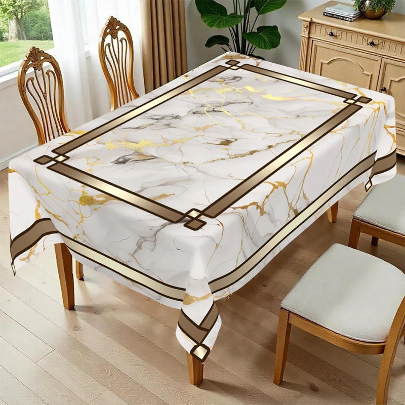 nappe élégante imitation marbre veines dorées bordure décorative moderne polyestre table rectangulaire ronde blanc