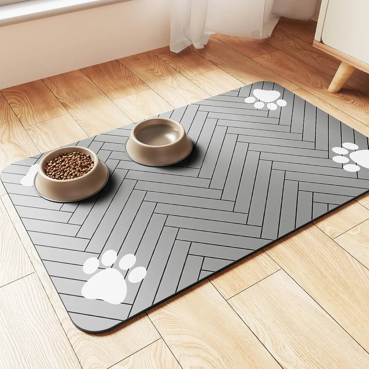tapis animal absorbant rapide antidérapant noir rayures blanches moderne deux bols 30x40cm