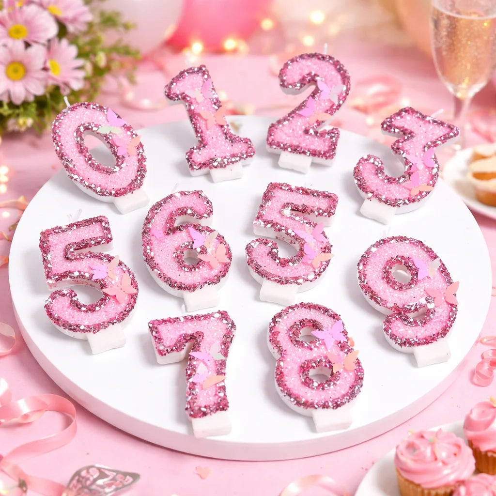 bougies anniversaire forme chiffres rose pailletées papillons relief festives