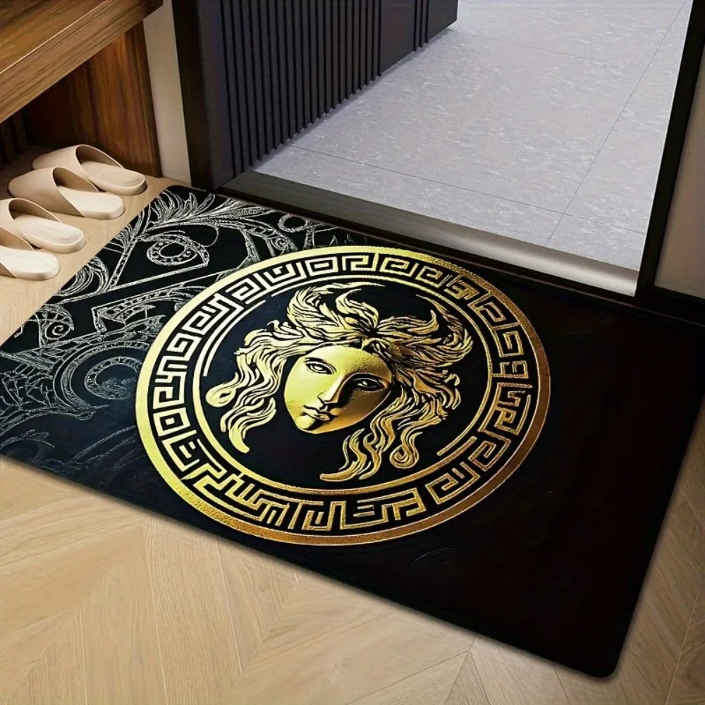 tapis sol noir doré ornement grec floral antidérapant résistant décoloration polyester élégant maison camping