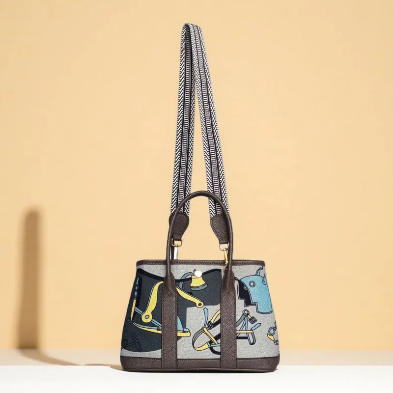 Sac main femme toile imprimé motifs jouets bandoulière amovible poches intérieures moderne casual polyvalent