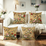 taies d'oreiller imprimées fleurs oiseaux vintage polyester beige zipper 45x45cm décoration maison hospitalière