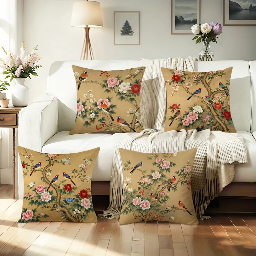 taies d'oreiller imprimées fleurs oiseaux vintage polyester beige zipper 45x45cm décoration maison hospitalière