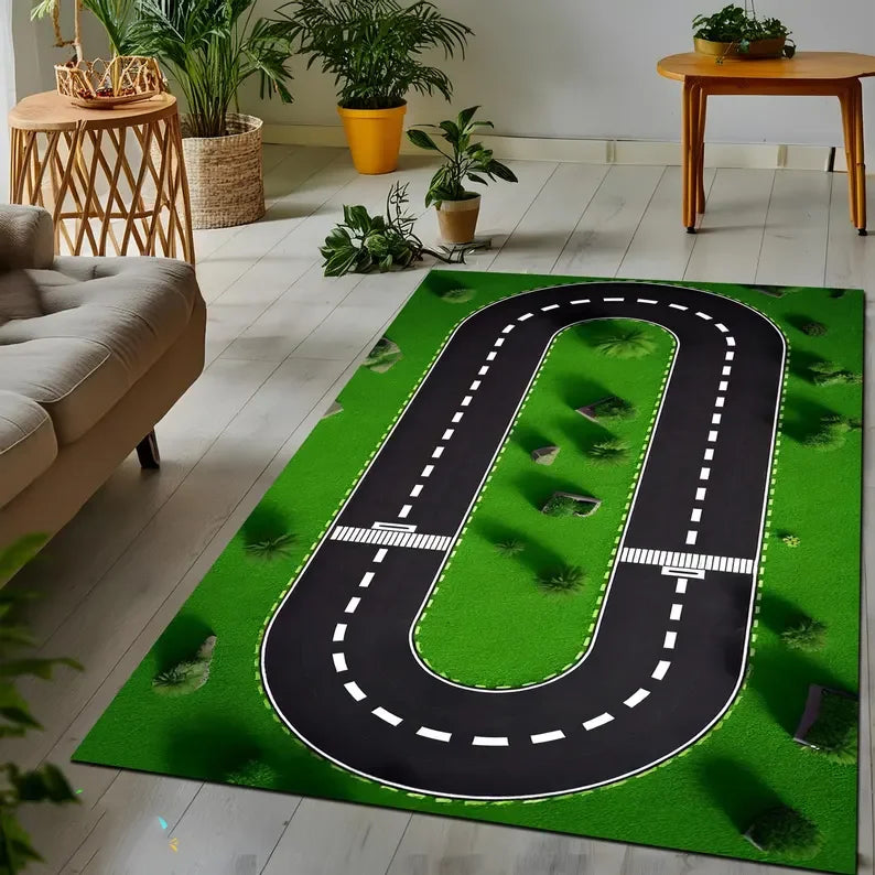 tapis géométrique moderne multi usages vert noir blanc chambre salon extérieur anti dérapant polyester