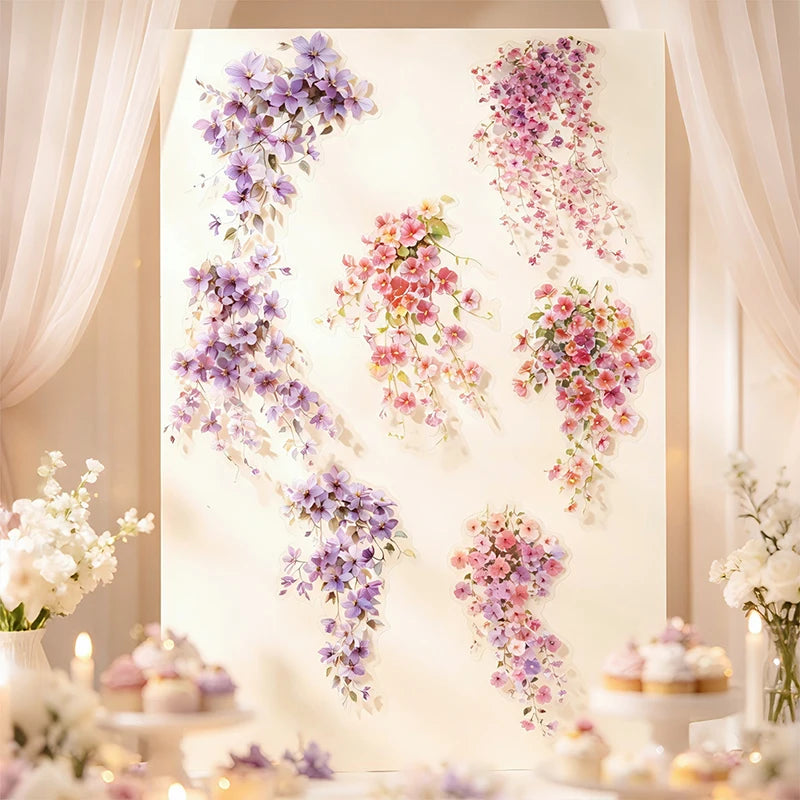 autocollants décoratifs floral transparents rose blanc bleu vert adhésifs fleurs feuilles