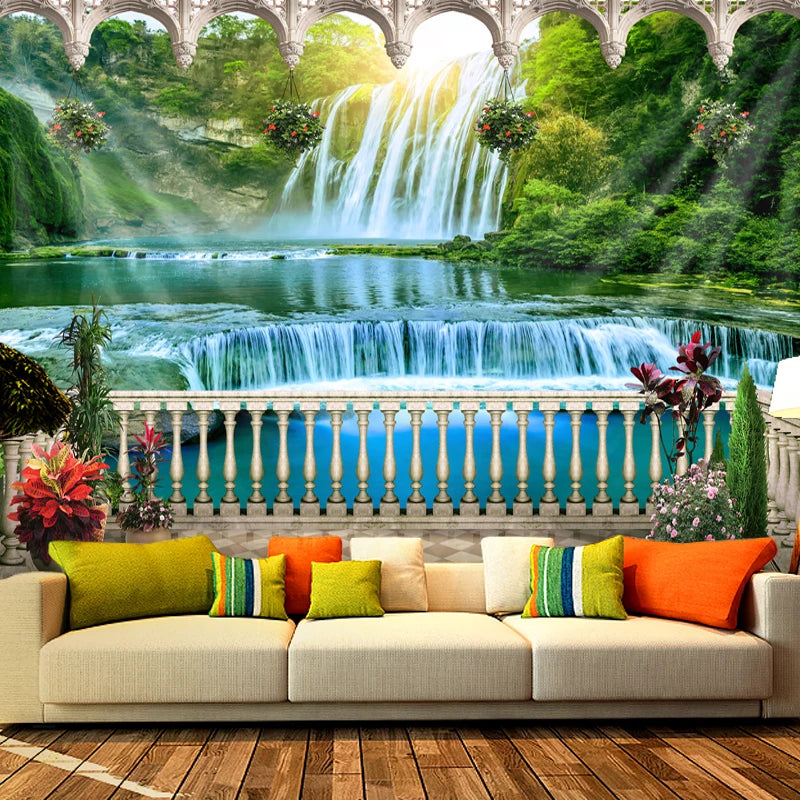 tapisserie paysagère cascade arbres soleil moderne bleu vert blanc beige salon chambre decoration