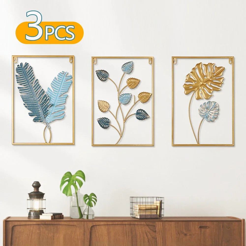 décoration murale métal feuilles stylisées bleu doré jaune art moderne salon maison intérieur