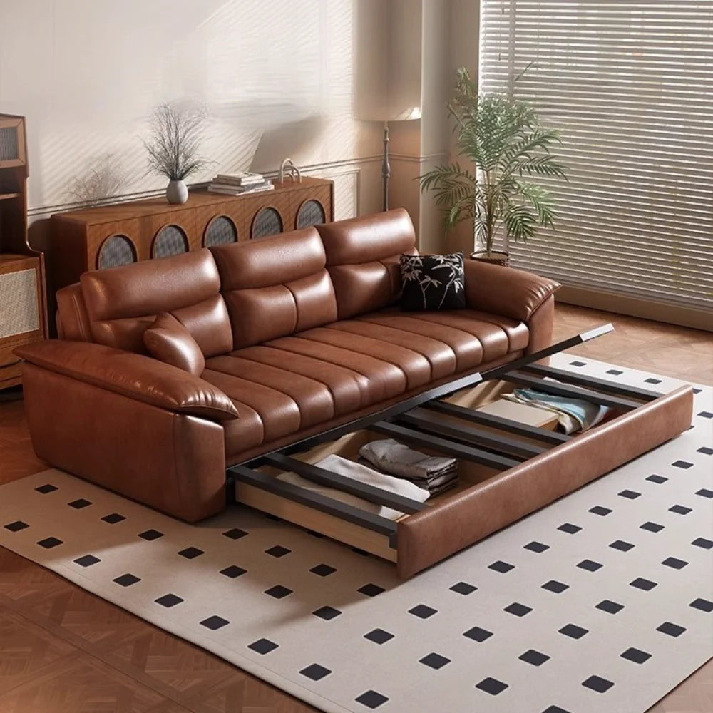 canapé sectionnel cuir marron moderne coussin noir texture lisse minimaliste adaptable salon chambre
