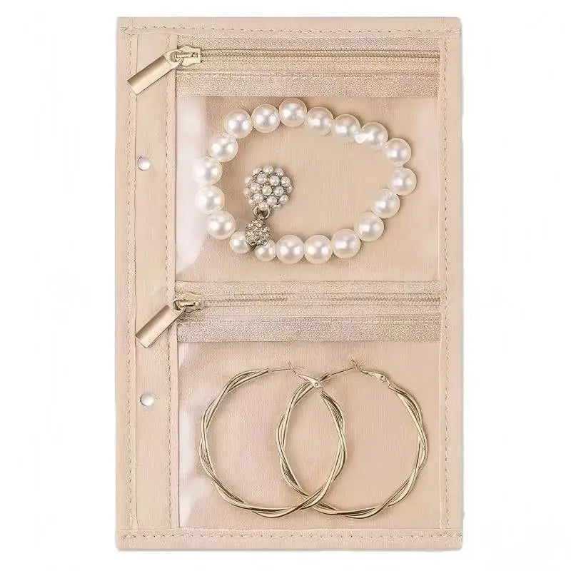 porte bijoux moderne simili cuir zips transparents beige clair boucles d'oreilles colliers bracelets montres