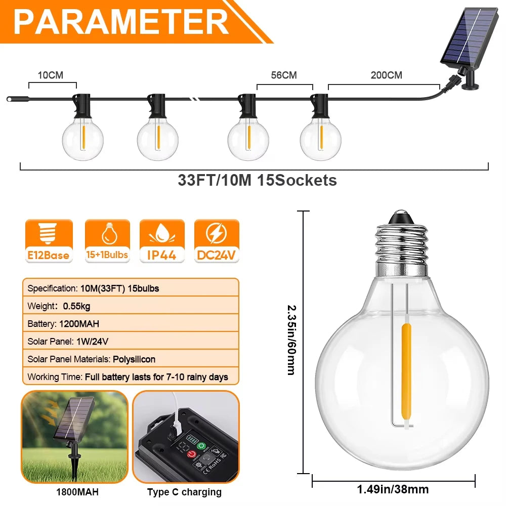 guirlande lumineuse solaire filaments apparents 15m 25 ampoules edison suspendue extérieure
