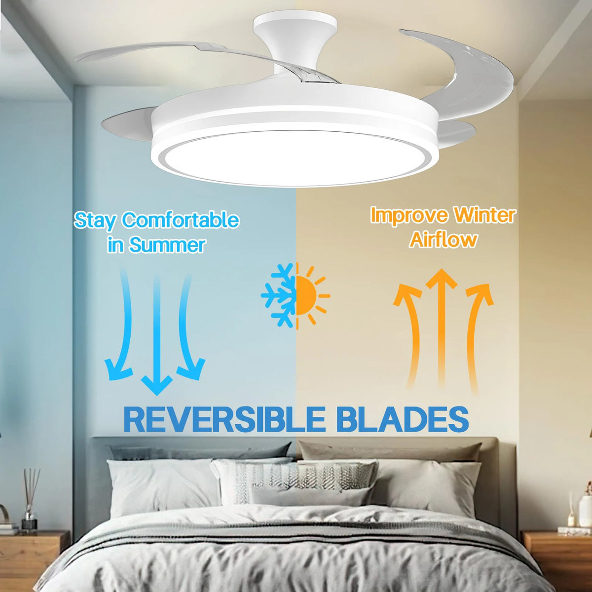 ventilateur rétractable blanc moderne lampe led vitesses télécommande minimaliste lumière variable pales invisibles