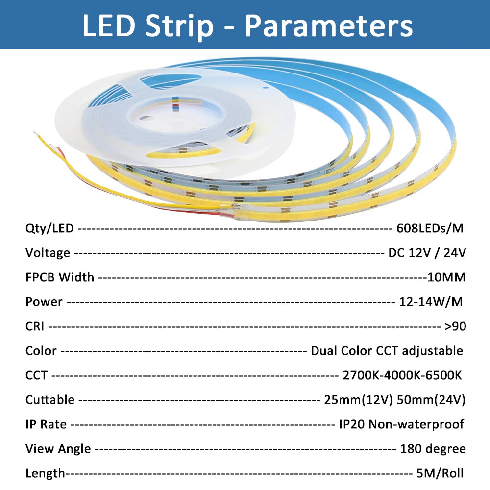 ruban led blanc bleu 608 leds flexible 2700k 6500k 12v 24v moderne