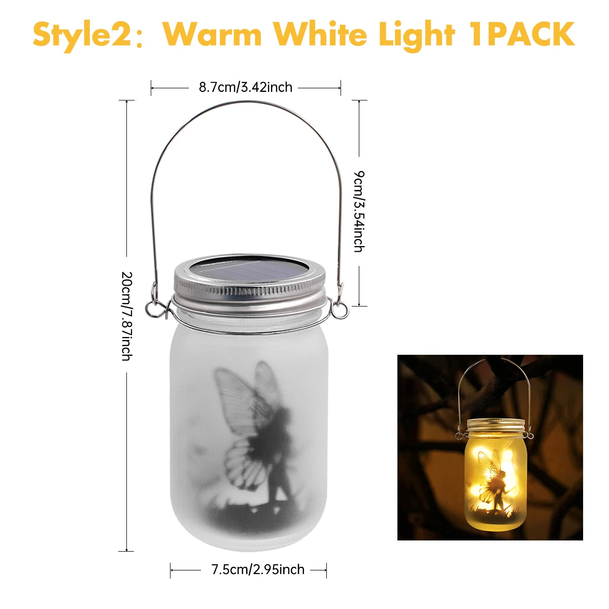 lanterne solaire décorative bocal LED effet vieilli silhouette fée anse métal argentéextérieur festive rustic