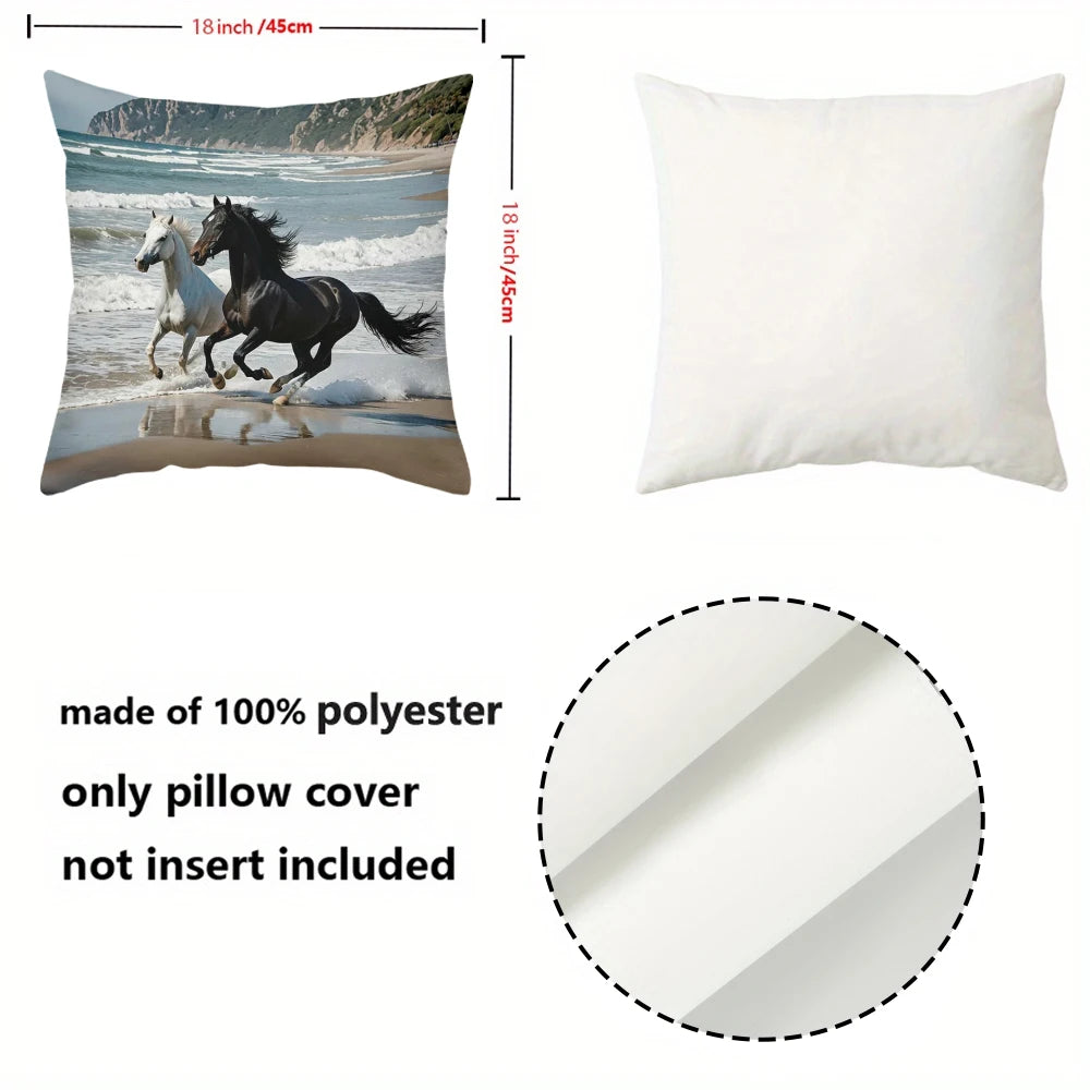 taies d'oreiller polyester motifs chevaux galopants moderne noires blanches 45x45cm sofa lit decoration chambre