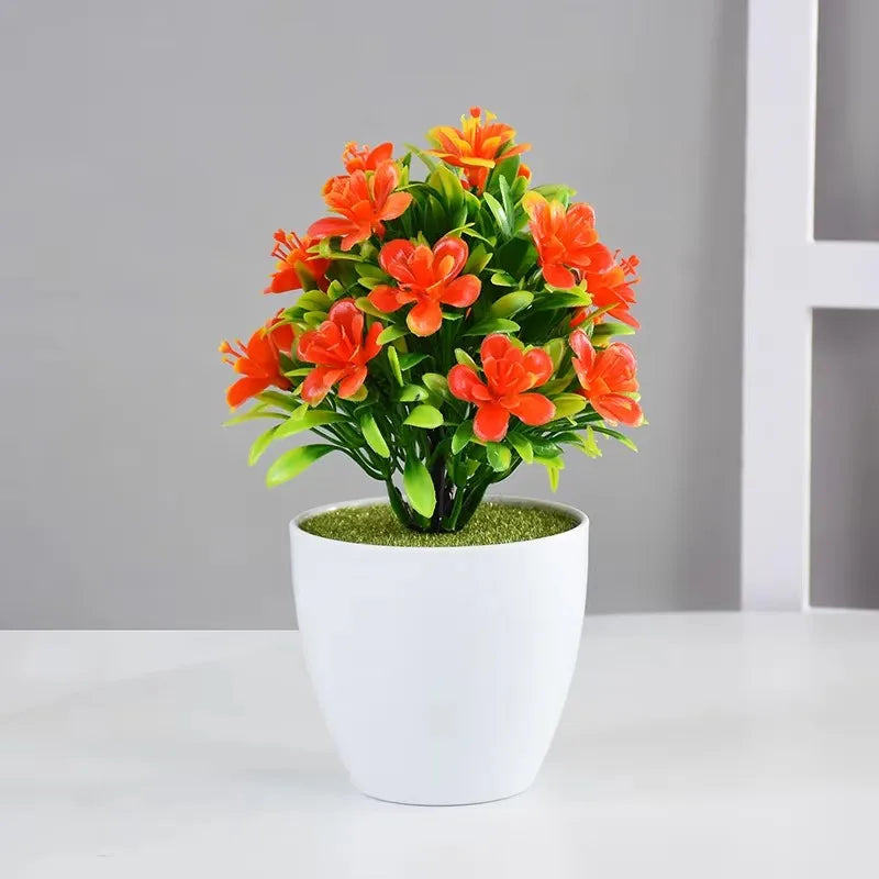 plantes artificielles bonsaï violettes rouges jaunes blanches pot blanc mousse verte décoration moderne extérieur