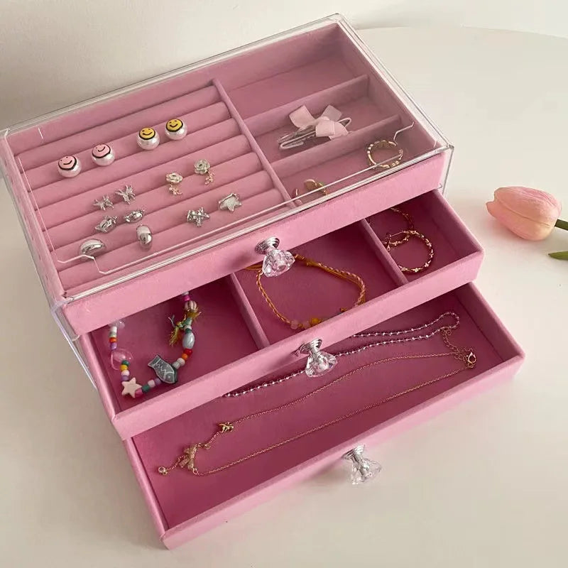 boîte bijoux velours rose rangement moderne colliers boucles doreilles portables organizer.storage