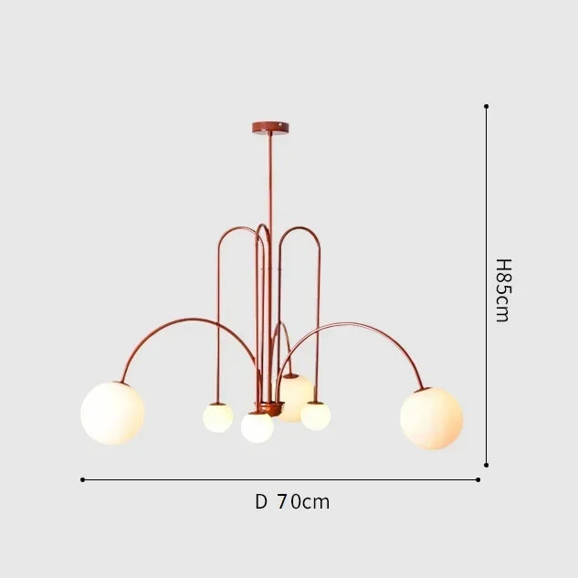 suspension lumineuse moderne sphères translucides structure métallique or rouge brun lumière led chambre salon