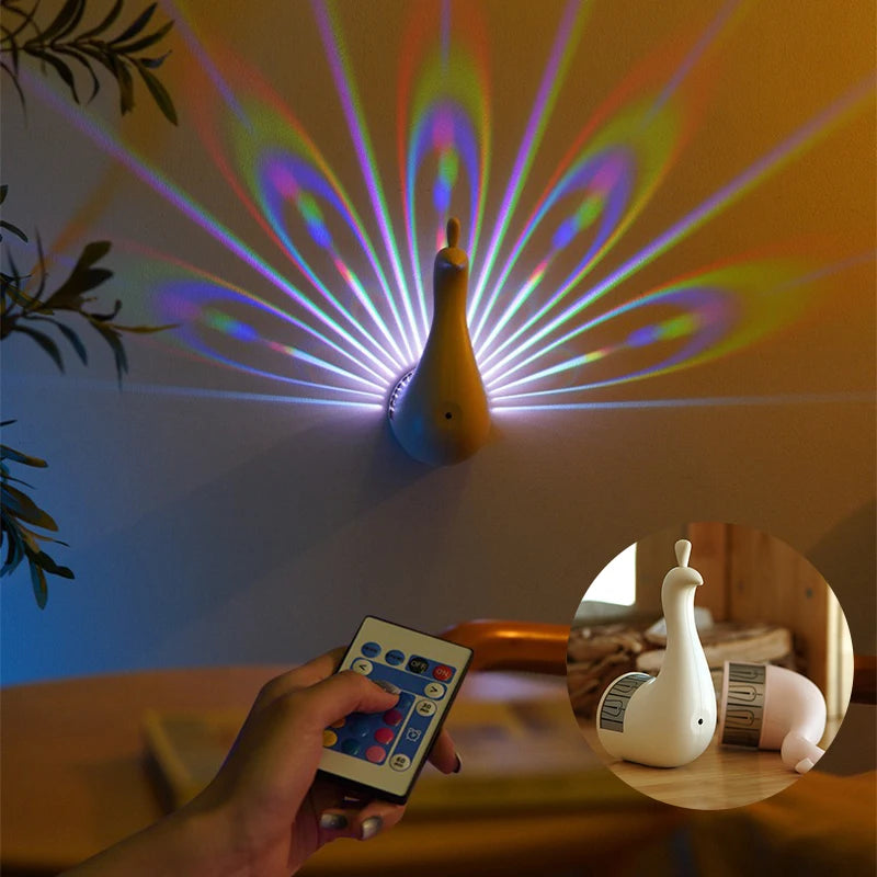 projecteur led forme paon blanc plumes colorées moderne adhésif rechargeable usb télécommande couleur changeante