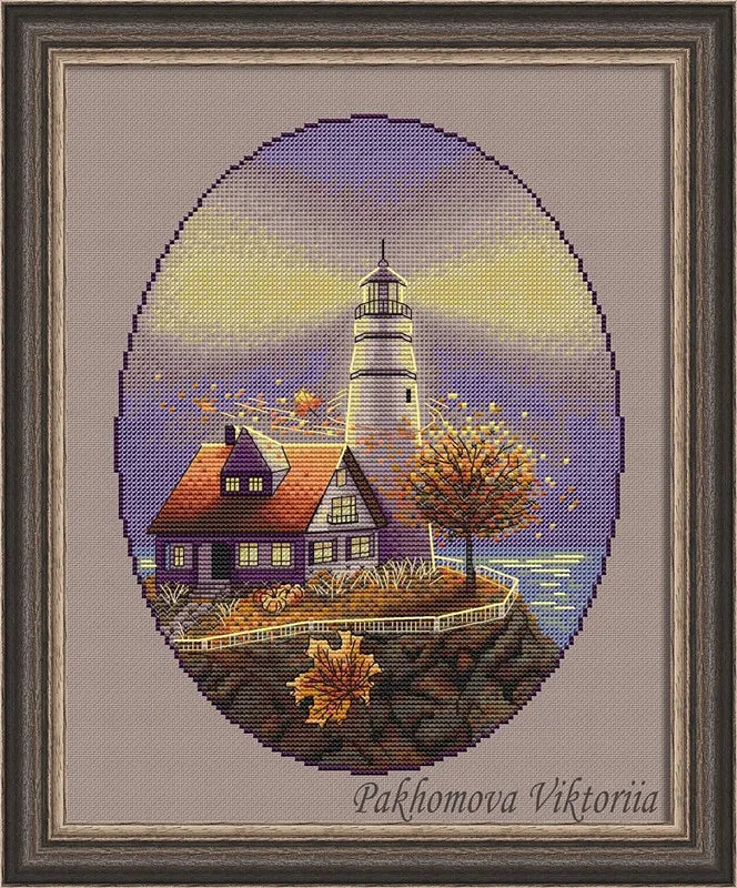 broderie paysage marin phare maison feuilles automne violet blanc rouge