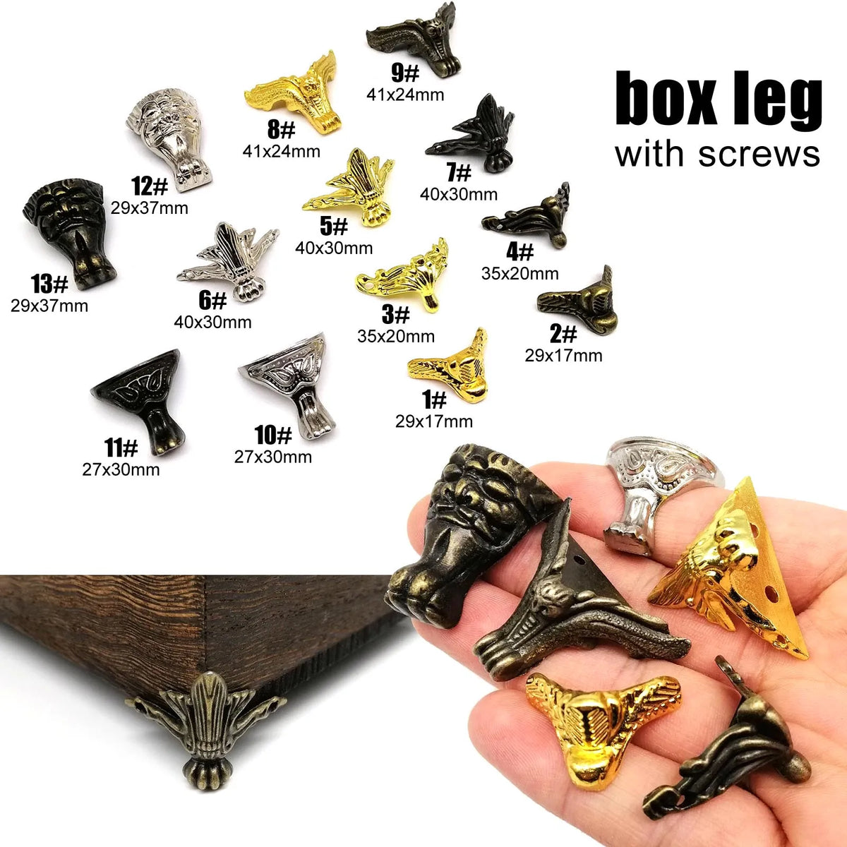 pieds boîte vis or argent bronze classique élégants ornements sculptural fixés bois