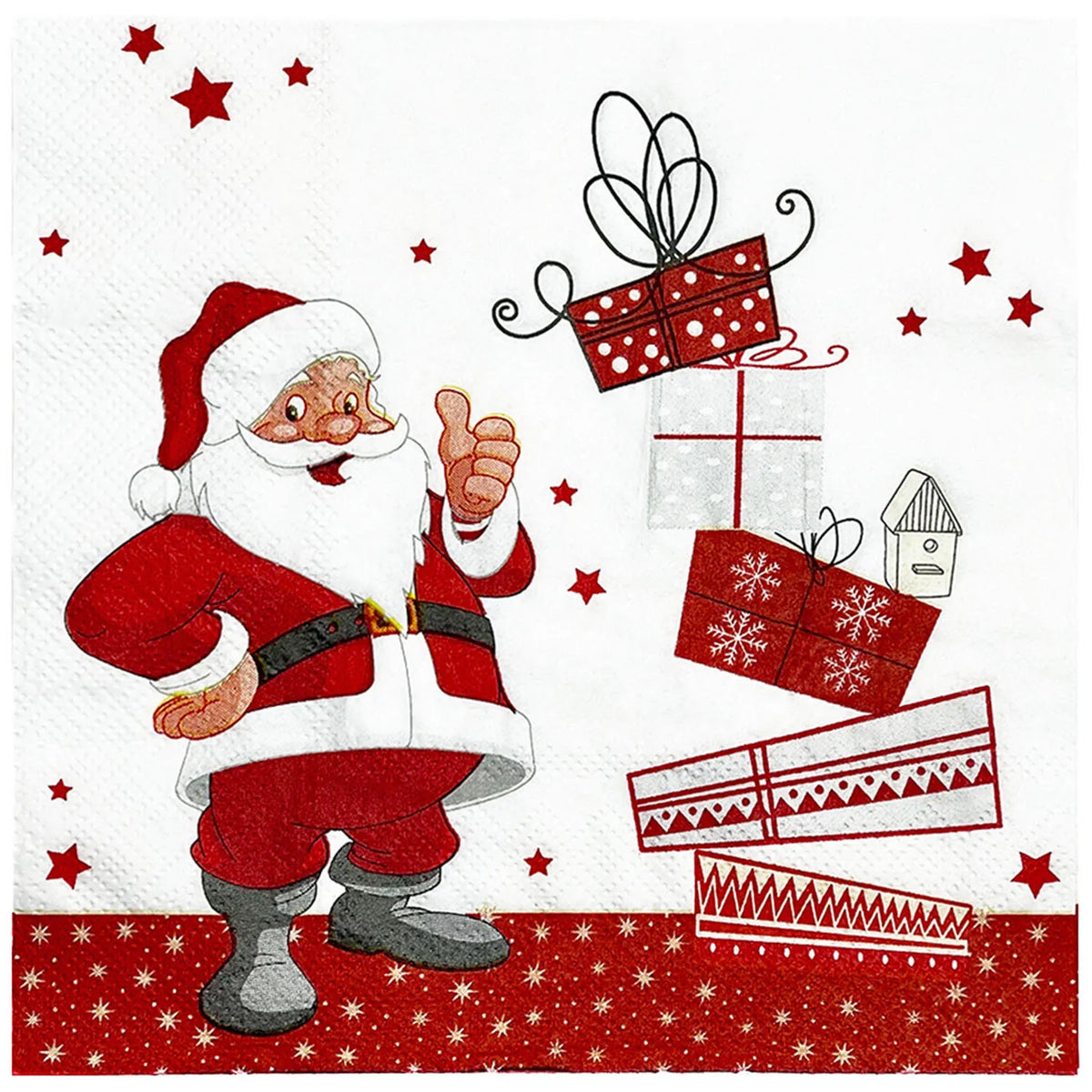 serviettes papier noël père noël cadeaux étoiles motifs géométriques blanc rouge gris vert festive