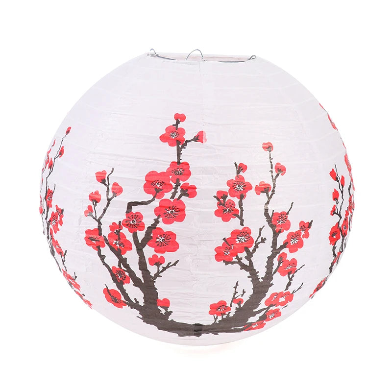 lanternes japonaises rondes traditionnelles motifs floraux semi transparentes suspension anneaux métalliques blanc rouge noirbranches