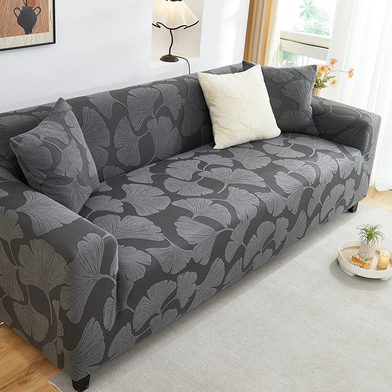 housse canapé moderne motif feuille gingko jacquard élastique protection salon gris vert