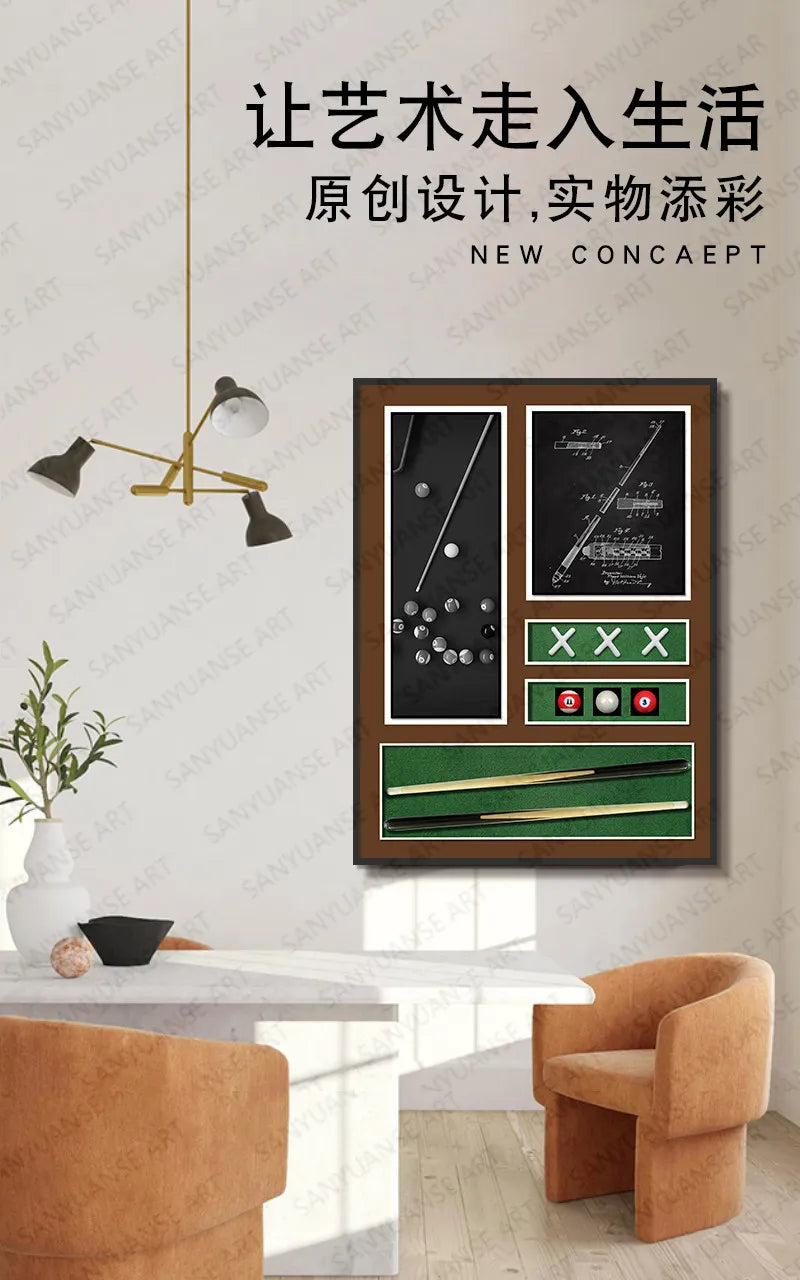 peinture physique 3d queue billard boules vert noir blanc doré moderne cadre aluminium traditionnelle