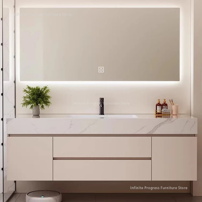 meuble salle bain blanc marbre moderne étagères miroir lumineux accessoires fixations murales