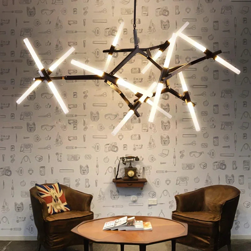 lampe suspendue moderne tube verre noir blanc doré structure géométrique scandinave suspension câble led