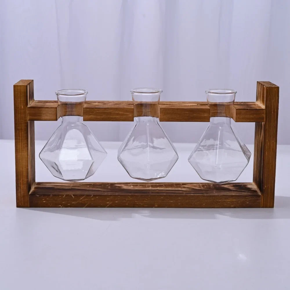 support plante verre moderne bois marron clair vase table decoration maison transparent naturel