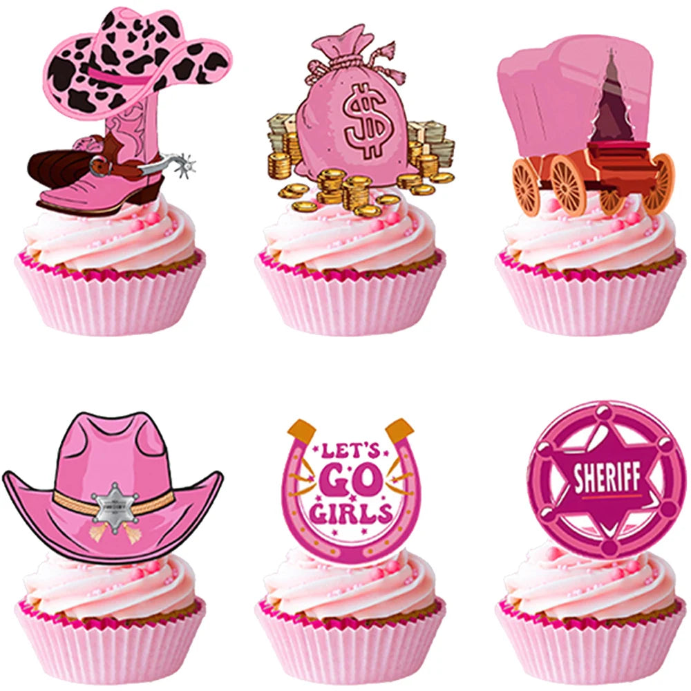 accessoires fête cowgirl thème western rose noir blanc toppers cupcakes assiettes pouces autocollants guirlande