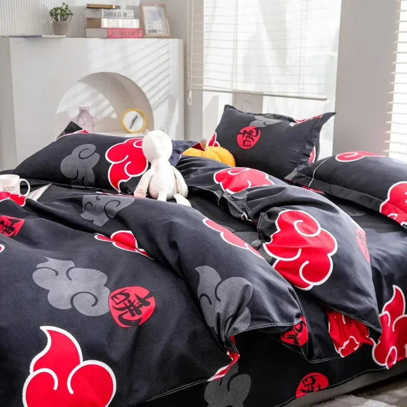 housse couette flanelle noir rouge nuages stylisés motifs circulaires taies d'oreiller oreiller coussin décoratif