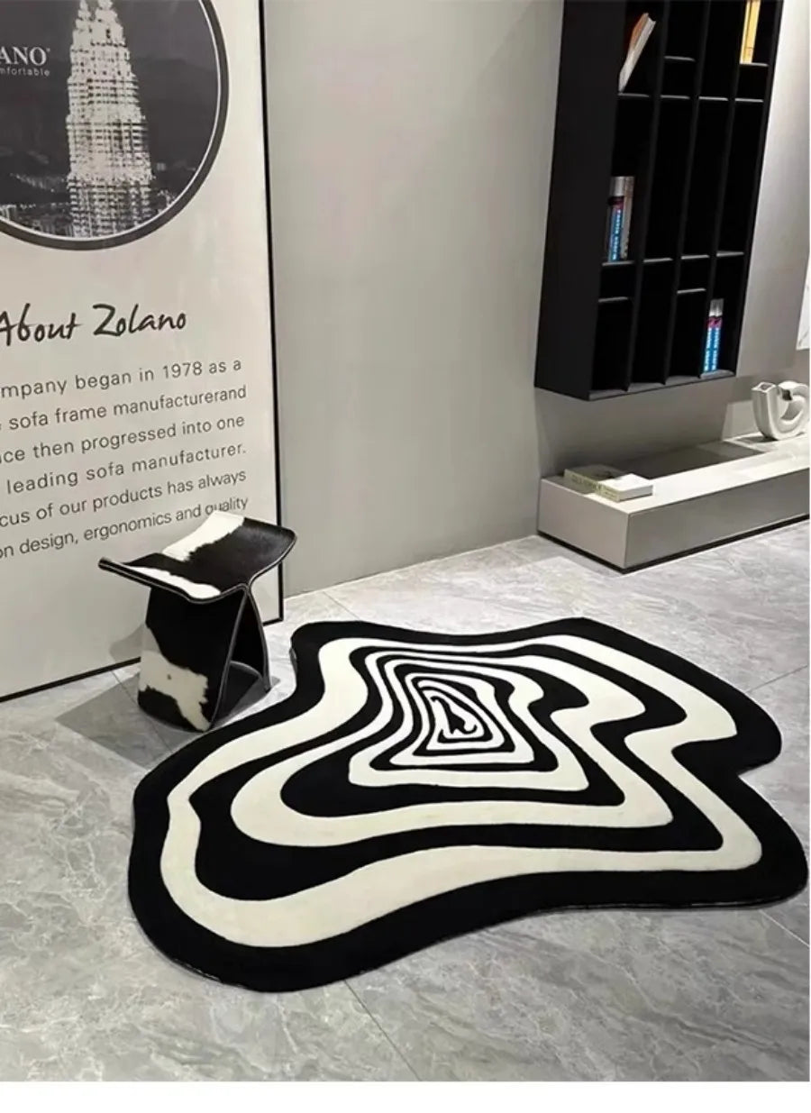tapis salon moderne noir blanc motif géométrique rayures concentriques antidérapant intérieur maison polyester