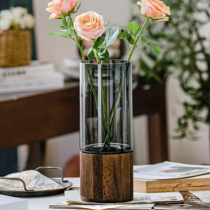 vase decoratif moderne transparent bois marron base grain naturel fleurs roses minimalistescoleur violette feuilles
