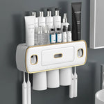 porte brosses dents adhésif moderne rangement dentifrice distributeur blanc or