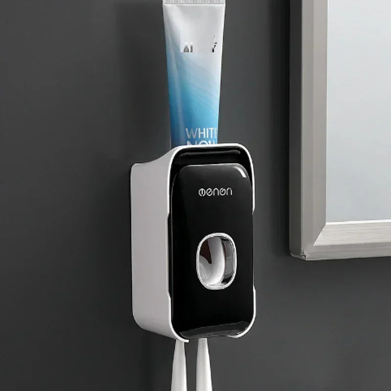 distributeur dentifrice automatique blanc noir moderne pratique adhésif salle bain hygiène oral plastique rechargeable