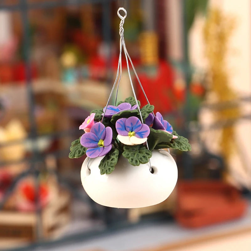 pots fleurs suspendus miniatures maison poupée vert bleu rose décoration naturelle artificiels