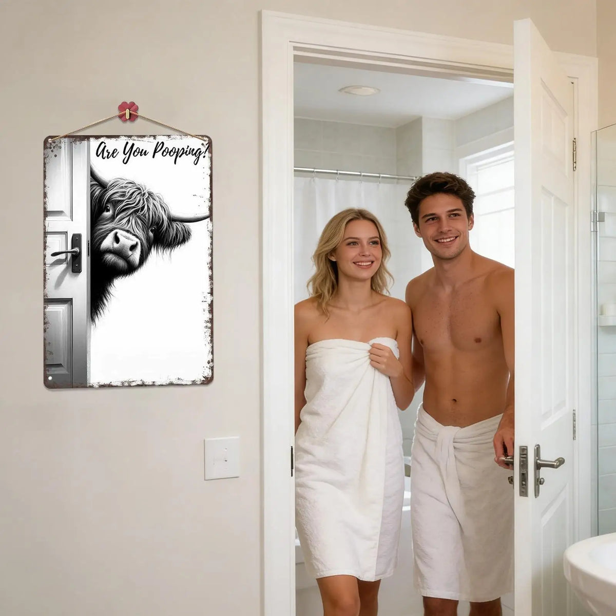 décoration murale salle bain plaque métal vache highland humour rustique porte animaux toile suspendue
