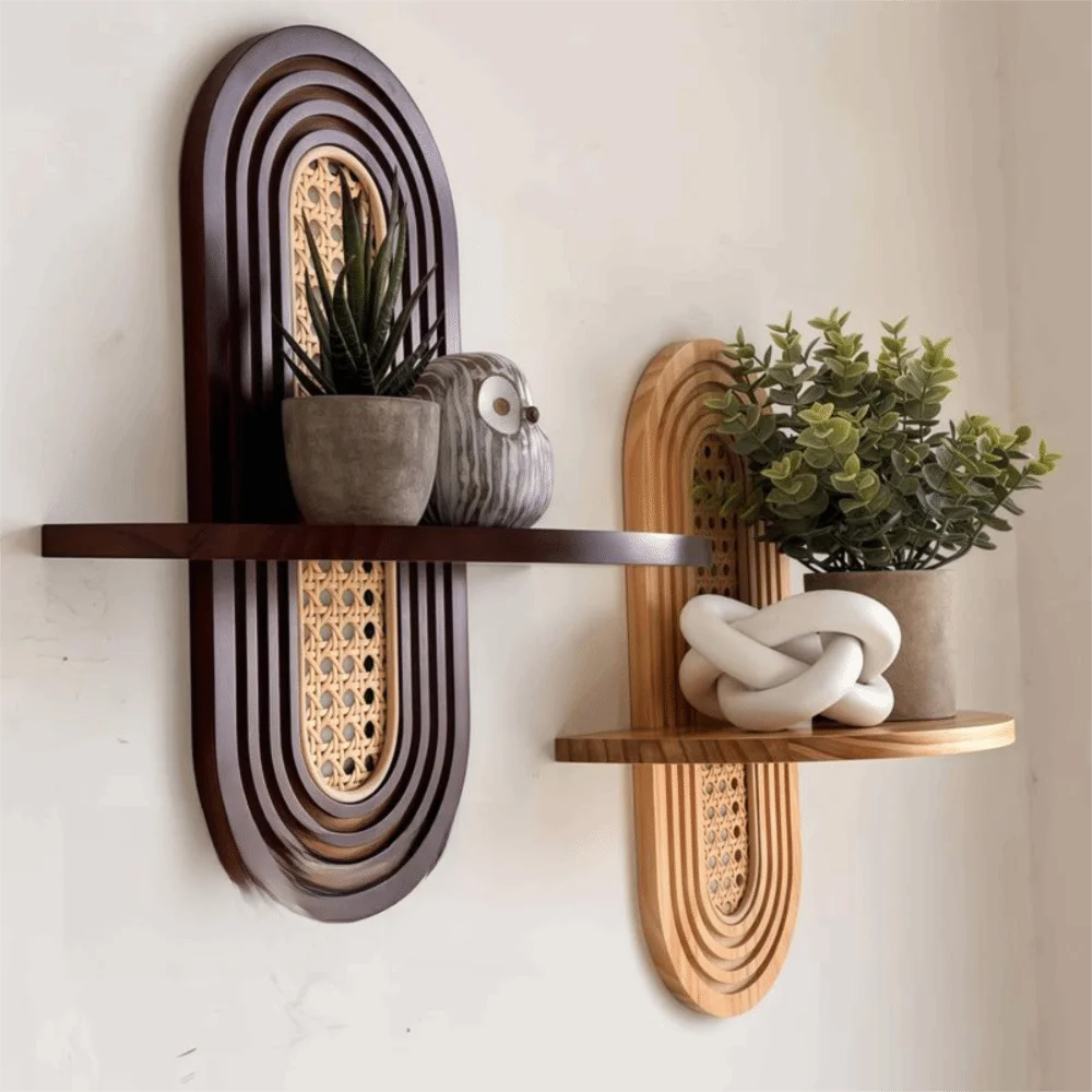 étagère murale bois rattan géométrique moderne boho chic fixations incluses plante artificielle