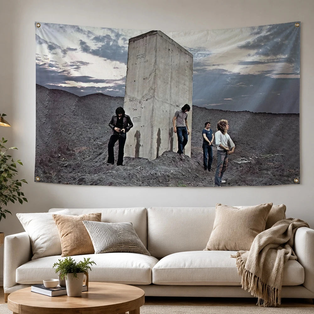 tapisserie murale artistique paysage moderne personnages gris blanc bleu rouge noir décoration maison intérieur